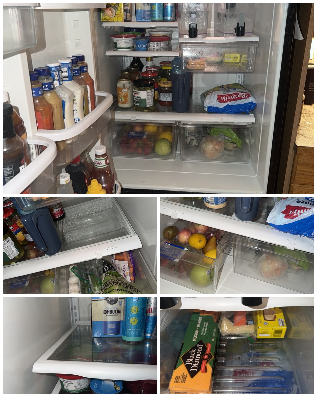 The same fridge after cleaning with clean drawers and neatly arranged food