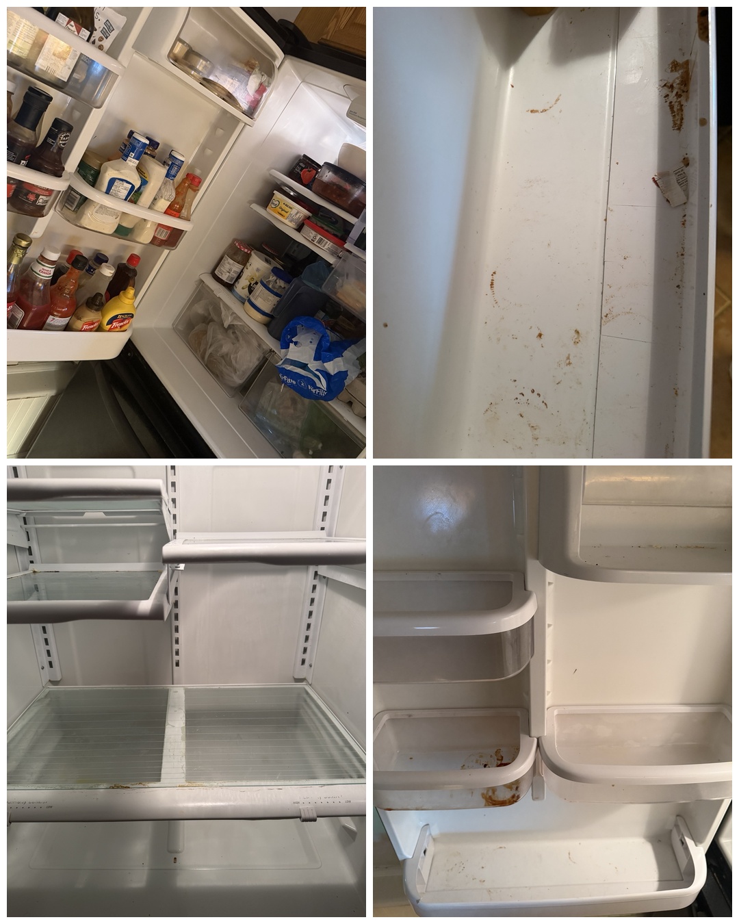 Fridge before cleaning, showing food and buildup on shelves and drawers